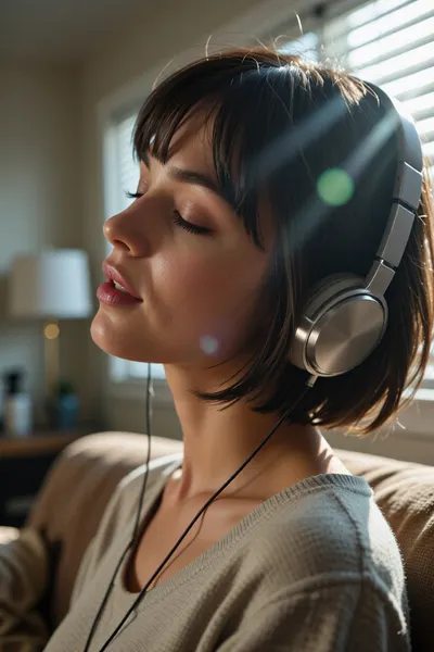 cute woman, short hair, relaxed casual pose, soft contented smile, eyes closed, living room, window, window blinds, dramatic light, depth of field, bokeh, dynamic angle, listening to music, headphones, focus on blissful and contended face, (hair glow lighting, hdr backlighting, crepuscular lighting through window, light motes), (tight closeup portrait, face bathed in sunlight:1.4), (layered composition with defined foreground and background, shallow depth of field, soft warm surreal lighting)
