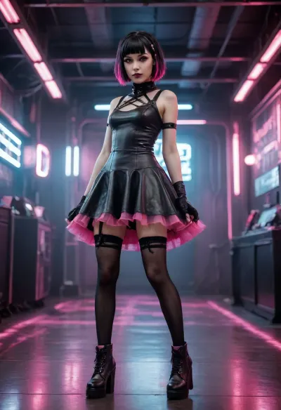 miniature cute goth girl in high-tech cyberpunk style futuristic dance floor, black hair with pink streaks, pixie haircut, goth makeup, gothic_loli dress, black stockings, dress hem ends higher than stockings elastic band, massive heavy black boots