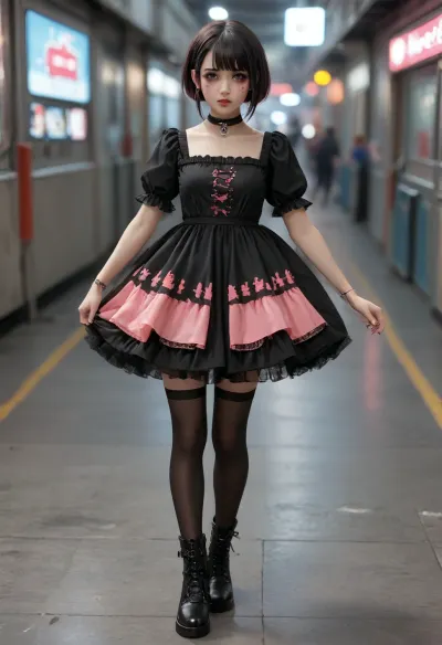 miniature cute goth girl in high-tech cyberpunk style futuristic dance floor, black hair with pink streaks, pixie haircut, goth makeup, gothic_loli dress, black stockings, dress hem ends higher than stockings elastic band, massive heavy black boots