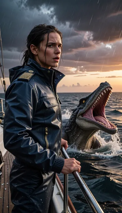 An epic, cinematic photograph taken from the bow of a luxury yacht at sunset. A captain, standing on the rain-swept deck, her face a mixture of shock and determination, stares out at the ocean. In the heat of the moment, she wears a high-end, navy blue waterproof technical jacket with braided epaulettes. Her soaked hair is pulled back, and she grips the steel railing tightly. Swimming violently in the deep, turbulent blue-gray waters just beside the yacht, a colossal, terrifying reptilian monster, its jaws gaping and teeth razor-sharp, leaps from the water in an awe-inspiring jet. The monster's ancient, damp scales gleam. The captain looks in its direction. The sky, in a dramatic, stormy sunset, is streaked with dark clouds tinged with orange and purple. The air is thick with sea spray and rain. Dynamic composition, high contrast, cinematic lighting, extreme detail on his technical jacket and the monster's skin, hyperrealistic water physics.