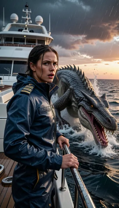 An epic, cinematic photograph taken from the bow of a luxury yacht at sunset. A captain stands on the rain-swept deck, her face a mixture of shock and determination, staring out at the ocean. In the heat of the moment, she wears a high-end, navy blue waterproof technical jacket with braided epaulettes. Her soaked hair is pulled back, and she grips the steel railing tightly. Bursting violently from the deep, turbulent blue-gray waters just beside the yacht, a colossal and terrifying reptilian leviathan, its jaws gaping and teeth razor-sharp, leaps from the water in an awe-inspiring jet. The monster's ancient, damp scales gleam. Behind it rises the sleek, modern white structure of the yacht, crowned with satellite domes. The sky, a dramatic, stormy sunset, is streaked with dark clouds tinged with orange and purple. The air is thick with sea spray and rain. Dynamic composition, high contrast, cinematic lighting, extreme detail on his technical jacket and the monster's skin, hyperrealistic water physics.