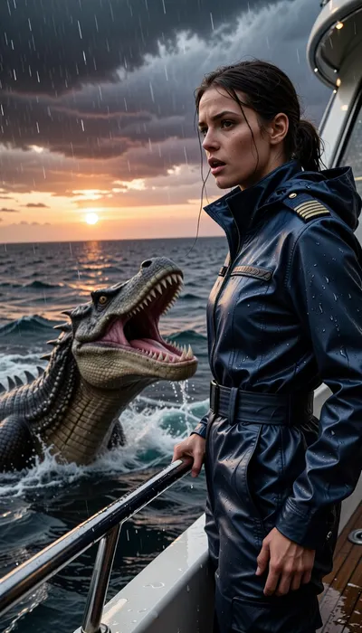 An epic, cinematic photograph taken from the stern of a luxury yacht at sunset. A captain, standing on the rain-swept deck, her face a mixture of shock and determination, stares out at the ocean. In the heat of the moment, she wears a high-end, navy blue waterproof technical jacket with braided epaulettes. Her soaked hair is pulled back, and she grips the steel railing tightly. Swimming violently in the deep, turbulent blue-gray waters just beside the yacht, a colossal, terrifying reptilian monster, its jaws gaping and teeth razor-sharp, leaps from the water in an awe-inspiring jet. The monster's ancient, damp scales gleam. The captain looks in its direction. The sky, in a dramatic, stormy sunset, is streaked with dark clouds tinged with orange and purple. The air is thick with sea spray and rain. Dynamic composition, high contrast, cinematic lighting, extreme detail on his technical jacket and the monster's skin, hyperrealistic water physics.