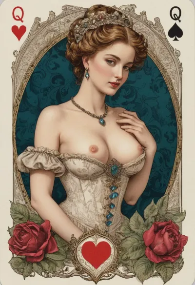 A historical playing card Q of Hearts depicting a flirtatious woman as a lady. Ink drawing. topless. #©KITTYART

























#©KITTYART