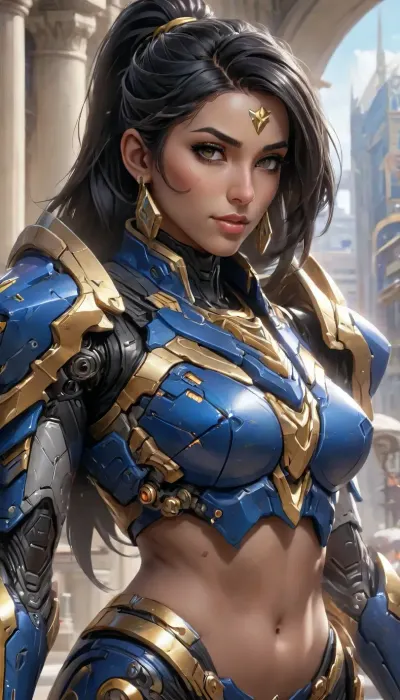 egyptian, (pharah from overwatchin her armor), mecha armor, (detailed iris), (detailed nose), (detailed mouth), long black ponytail, medium breasts, fit Body, eyeliner, gorgeous face, earrings, intricate clothing, Oasis, Portrait, overwatch Comic Style, drawing, painting, Sketch Style, Sketch art, <lora:Mecha_Ggorgeous_Armor-000011:.8>, underboob, <lora:UnderboobXL:.8>, <lora:aesthetic_anime_v1s:.8>