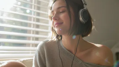 cute woman, short hair, relaxed casual pose, soft contented smile, eyes closed, living room, window, window blinds, dramatic light, depth of field, bokeh, dynamic angle, listening to music, headphones, focus on blissful and contended face, (hair glow lighting, hdr lens flare, crepuscular lighting through window, light motes), (tight closeup portrait, face bathed in sunlight:1.4), (layered composition with defined foreground and background, shallow depth of field, soft warm surreal lighting), (girl-next-door beauty with natural charm), (comfortable casual attire, loose off the shoulder sweater)