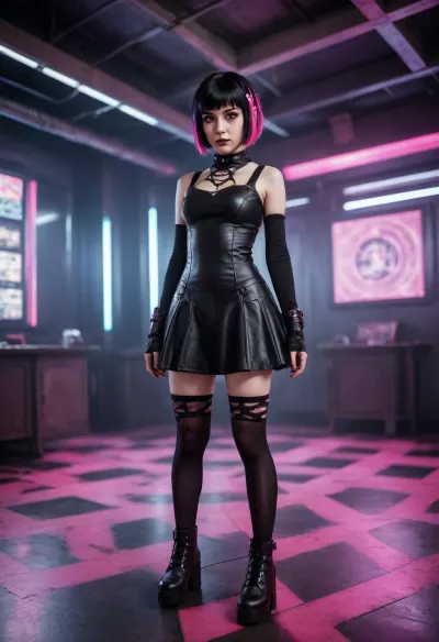 miniature cute goth girl in high-tech cyberpunk style futuristic dance floor, black hair with pink streaks, pixie haircut, goth makeup, gothic_loli dress, black stockings, dress hem ends higher than stockings elastic band, massive heavy black boots