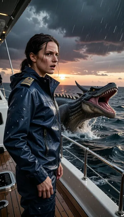 An epic, cinematic photograph taken from the stern of a luxury yacht at sunset. A captain, standing on the rain-swept deck, her face a mixture of shock and determination, stares out at the ocean. In the heat of the moment, she wears a high-end navy blue waterproof technical jacket with braided epaulettes. Her soaked hair is pulled back. She stands on a teak deck, just beside the yacht's cabin. Swimming violently in the deep, turbulent blue-gray waters near the yacht, a colossal and terrifying reptilian monster, its jaws gaping and teeth razor-sharp, leaps from the water in an awe-inspiring jet. The monster's ancient, damp scales gleam. The sky, in a dramatic, stormy sunset, is streaked with dark clouds tinged with orange and purple. The air is thick with sea spray and rain. Dynamic composition, high contrast, cinematic lighting, extreme detail on his technical jacket and the monster's skin, hyperrealistic water physics.