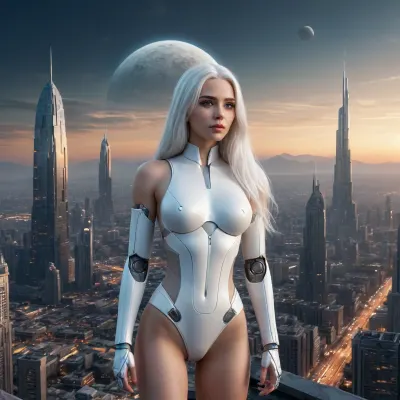 Masterpiece, top quality, highly detailed, epic, 8K, professional photo, high quality, panoramic image, finest details, high resolution, 8K wallpaper, photorealistic, The year is 2690 AD, in the background, a futuristic city shrouded in twilight can be seen, while in the foreground stands a, (half-naked female android robot with long white hair), there are many small spaceships and flying objects in the air, and in the distance, two moons of different sizes are visible.