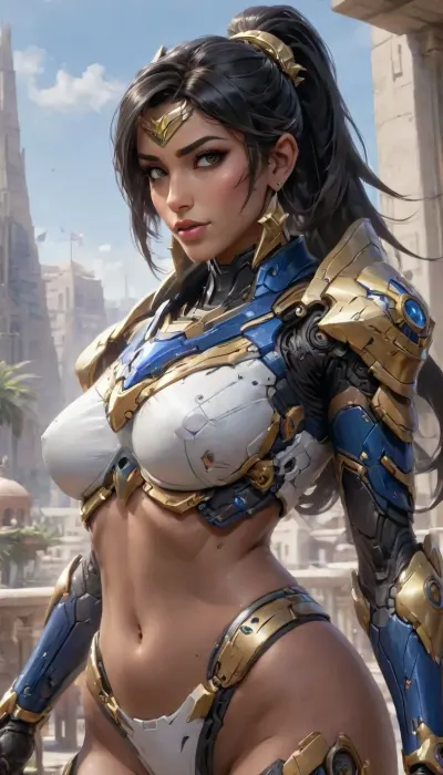 egyptian, (pharah from overwatchin her armor), mecha armor, big breasts, n underboob, ((only lower half of breasts nude and visible)), (detailed iris), (detailed nose), (detailed mouth), long black ponytail, medium breasts, fit Body, eyeliner, gorgeous face, earrings, intricate clothing, Oasis, Portrait, overwatch Comic Style, drawing, painting, Sketch Style, Sketch art, underboob, <lora:Mecha_Ggorgeous_Armor-000011:.2>, <lora:UnderboobXL:1.7>, <lora:aesthetic_anime_v1s:1>