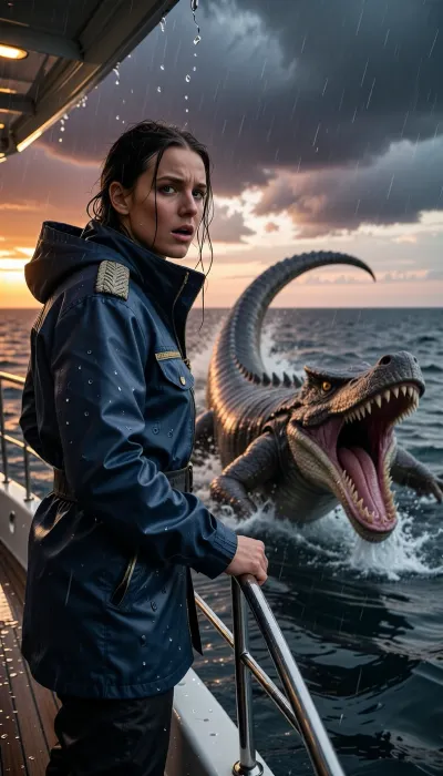 An epic, cinematic photograph taken from the bow of a luxury yacht at sunset. A captain, standing on the rain-swept deck, her face a mixture of shock and determination, stares out at the ocean. In the heat of the moment, she wears a high-end, navy blue waterproof technical jacket with braided epaulettes. Her soaked hair is pulled back, and she grips the steel railing tightly. Swimming violently in the deep, turbulent blue-gray waters just beside the yacht, a colossal, terrifying reptilian monster, its jaws gaping and teeth razor-sharp, leaps from the water in an awe-inspiring burst. The monster's ancient, damp scales gleam. The captain looks in its direction. The sky, in a dramatic, stormy sunset, is streaked with dark clouds tinged with orange and purple. The air is thick with sea spray and rain. Dynamic composition, high contrast, cinematic lighting, extreme detail on his technical jacket and the monster's skin, hyperrealistic water physics.