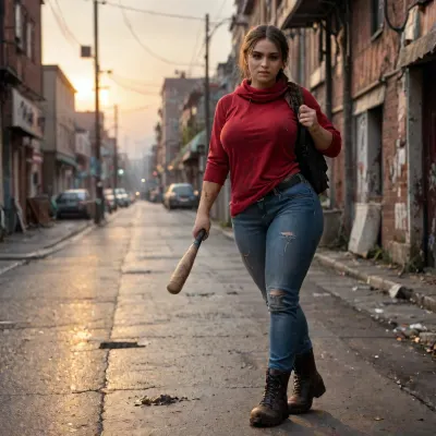 1 girl, A lone survivor girl is walking down a street holding one baseball bat with one hand, destroyed city and lots of waste and rubbish, post-apocalyptic wasteland background, sunset, large black military backpack, black military boots, long blue jeans, red sweater hoodie, black belt, red scarf around her neck, braided ponytail, dirty clothes, bloody baseball bat, no headwear, tense look, observing the area, birdsview, dirty body, dirty face, scars, scratches, beautiful face, Voluptuous, thick thighs, huge bulging ass, tanned skin, beautiful hair, oily skin, sweaty skin, wet skin, detailed hands, dark, <lora:polyhedron_photostudio-000005:.8>, <lora:192af1bb3d75bab622d76a8c8cf0a0b9:.8>, <lora:bombshell_v2:.8>, <lora:LCMTurboMix_Euler_A_fix:.8>