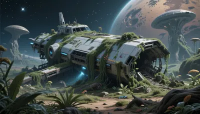 wreck of a spaceship, the wreck is covered with vegetation, alien planet, fantastic vegetation, fantasy world, sci-fi