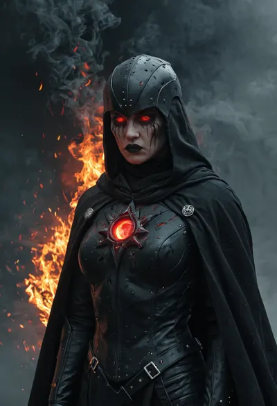 Female dark lord in massive black cybernetic armor, burned and scarred fallen warrior queen, black cape, sleek Sith-style helmet, red glowing eyes, gothic sci-fi aesthetic, tragic and terrifying presence, cinematic lighting, smoke, ultra detailed, realistic fantasy sci-fi art