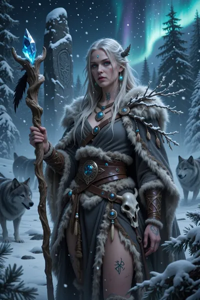 A female nordic druid standing alone within a frozen pine forest beneath the northern lights.

She has long pale blonde hair tangled with frost, calm ice-blue eyes, and weathered skin touched by harsh winters and ancient magic. Small runic tattoos glow faintly across her hands and throat.

She wears layered furs, thick wool, leather belts, and ceremonial bone charms gathered from the wilderness. Snow-covered branches and animal skull talismans hang from her cloak.

In one hand she carries a staff made from twisted pine wood crowned with glowing blue crystals and raven feathers.

Ancient snow-covered standing stones rise behind her while spectral wolves move silently through the forest fog.

Atmospheric nordic fantasy illustration, cinematic snowfall, realistic winter textures, mystical wilderness atmosphere, painterly realism, highly detailed