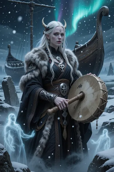 A solemn female spirits bard inspired by norse seiðr magic and funeral rites, performing sacred songs beside an ancient burial ship beneath falling snow.

She has long white-blonde hair woven with beads and bones, pale skin touched by cold, and distant blue-grey eyes that seem to look beyond the living world.

She wears layered dark ceremonial robes, heavy furs, and silver rune jewelry associated with death, prophecy, and spirit magic.

In her hands she holds a ceremonial drum and a carved bone flute while ghostly spectral figures emerge faintly from the icy mist around her.

Ancient burial stones and a half-frozen longship rest behind her beneath aurora-lit skies.

Mystical nordic fantasy illustration, spiritual atmosphere, cinematic snowfall, painterly realism, ancient ritual aesthetic, atmospheric detail