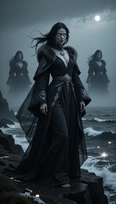 A beautiful but unsettling female illusionist standing upon dark coastal cliffs during a freezing northern fog.

She has long black hair moving unnaturally in the wind, pale skin almost glowing in darkness, and silver eyes filled with hidden amusement and dangerous intelligence.

She wears elegant dark nordic robes layered with flowing veils, silver jewelry, and fur-lined cloaks embroidered with subtle illusion runes.

Ghostly duplicate versions of herself emerge faintly through sea mist while phantom lights drift across crashing black ocean waves behind her.

The atmosphere feels mysterious, seductive, and deeply supernatural.

Dark cinematic nordic fantasy illustration, atmospheric fog and moonlight, realistic textures, mystical illusion aesthetic, painterly realism