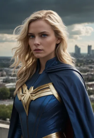 A female Homelander-inspired superhuman tyrant, impossibly confident and terrifying, blonde hair perfectly styled, piercing blue eyes glowing with restrained power, wearing a dark patriotic superhero suit with gold accents and a flowing cape, beautiful but emotionally empty expression, standing like a living goddess above humanity, subtle narcissistic smile, immense superhuman presence, authoritarian celebrity aesthetic, cinematic city skyline in the background, storm clouds and sunlight breaking around her, realistic textures, intimidating body language, tragic corruption of the ideal hero archetype, ultra detailed, realistic cinematic style, oppressive atmosphere