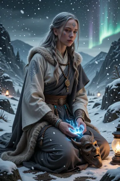 A solemn female monk devoted to healing, balance, and ancient nordic spiritual traditions, kneeling beside wounded travelers during a winter storm.

She has long ash-blonde hair, soft grey eyes filled with compassion, and pale skin marked by delicate blue rune tattoos associated with protection and healing.

She wears layered grey and white robes beneath simple fur-lined garments suitable for harsh northern climates. Small carved charms and prayer beads hang from her belt.

A ceremonial wooden mask rests at her side while faint blue spiritual energy glows from her hands.

Snow falls gently across a remote mountain path illuminated by lantern light and distant auroras.

Atmospheric nordic fantasy illustration, soft winter lighting, spiritual realism, cinematic snowfall, painterly textures, calm sacred atmosphere