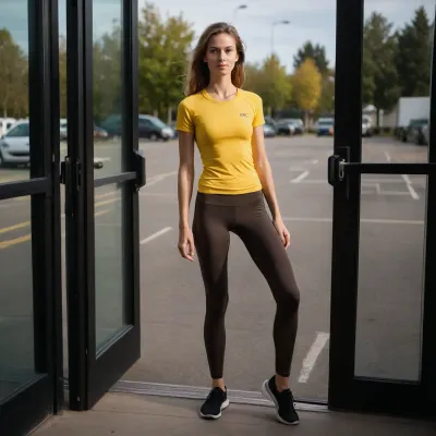 28 years old tall extreme skinny woman, leaving school gym trough glass door, dark jogging tights, yellow branded gym club shirt, sexy, slender, flat chested, sunny day, van in parking lot, light brown hair, blue eyes