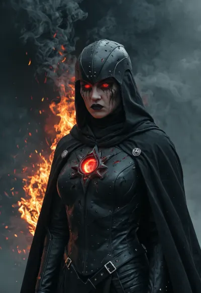 Female dark lord in massive black cybernetic armor, burned and scarred fallen warrior queen, black cape, sleek Sith-style helmet, red glowing eyes, gothic sci-fi aesthetic, tragic and terrifying presence, cinematic lighting, smoke, ultra detailed, realistic fantasy sci-fi art