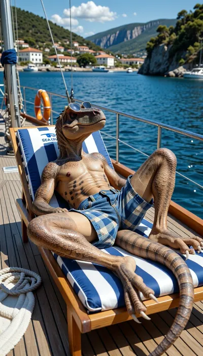 A photorealistic, highly detailed photograph capturing a full-bodied Velociraptor actively sunbathing on the wooden teak deck of a luxury sailing yacht. The raptor, meticulously detailed with mottled, scaly brown and tan skin, is comfortably reclined on its back across a plush, blue and white striped deck chair. It is wearing small, plaid-patterned denim cargo bermuda shorts, (blue and beige check), and a pair of vintage aviator sunglasses perched on its snout. The raptor is spread-eagled on the chair, eyes closed, soaking up the bright midday sun. Its clawed feet are extended towards the stern of the boat. The setting is the pristine, well-maintained wooden deck of a sailing yacht, (the "SEA DRAGON" logo is subtly visible on a cushion), . The yacht itself is anchored in a crystal-clear, deep blue Mediterranean bay with rolling green hills, a picturesque coastal town, (white buildings, terracotta roofs), and rugged cliffs under a vibrant, sun-drenched sky with scattered white clouds. The Velociraptor, (approx. 2 meters long), lies relaxed with its tail resting along the edge of the teak deck and the chrome railing. The background shows the sparkling ocean, other blurred yachts, and the lush coastline. The wooden deck features life rings, rigging, a coiled rope, and a towel. The raptor's scaly texture, the denim bermuda shorts, the metal sunglasses, and the aged teak wood are hyper-realistic. The lighting is harsh, natural daylight. The composition captures the raptor, (sharp focus), the yacht details, (chrome, wood, blue water), and the scenic bay. Shot on a Canon EOS R5, f/11, 1/1600s, ISO 400. The water sparkles, the raptor is centered on the sun lounger, totally relaxed with sun-glistened scales. The background coastline is beautifully blurred, (bokeh), . The image has natural film grain and high resolution.