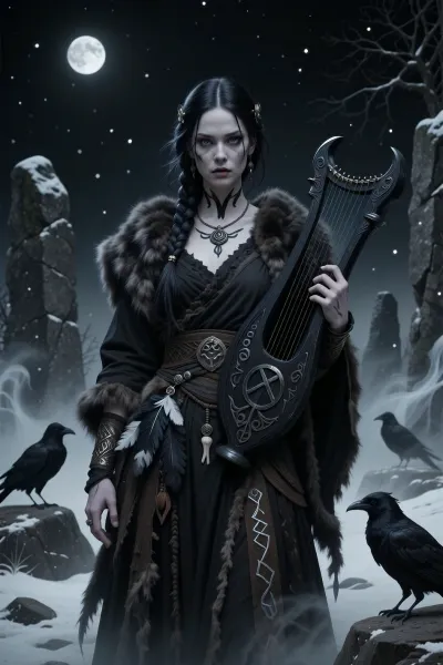 A haunting female bard inspired by raven omens and forbidden songs from norse mythology, standing alone among ancient standing stones beneath a black winter sky.

She has pale skin, long black braided hair, and cold silver-grey eyes filled with unsettling calm. Black ritual paint marks her throat and hands.

She wears layered dark furs and weathered ceremonial robes decorated with raven feathers, bone charms, and ancient runes stitched in silver thread.

In one hand she carries a rune-carved harp made from blackened wood. Ravens gather silently around her as ghostly whispers drift through the freezing fog.

The atmosphere feels ancient, prophetic, and deeply unsettling, as if her songs carry messages from forgotten gods and restless dead.

Dark nordic fantasy illustration, grim atmosphere, cold moonlight, cinematic fog, atmospheric realism, painterly detail, eldritch norse aesthetic