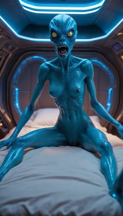 Neon blue alien creature fucking on a spaceship bed, glowing pussy, big wide mouth, 4 arms, long fingers, long tail