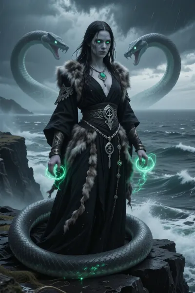 A terrifying female warlock bound to an ancient cosmic serpent sleeping beneath the frozen northern oceans, standing alone upon black coastal cliffs during a violent storm.

She has long dark wet hair, pale frostbitten skin, and glowing emerald eyes filled with unnatural knowledge.

She wears layered black ceremonial robes, sea-weathered furs, silver serpent jewelry, and ancient rune charms associated with forbidden tides and prophecy.

Green eldritch magic coils around her hands while enormous spectral serpent shapes emerge faintly through storm clouds and crashing sea mist.

The ocean behind her feels impossibly deep and ancient, as though something vast watches from beneath the waves.

Dark nordic cosmic fantasy illustration, cinematic storm lighting, eldritch sea atmosphere, realistic textures, painterly realism, mythological horror aesthetic