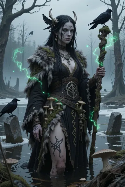 A dark female druid inspired by norse seiðr magic and ancient death rituals, standing within a frozen marshland filled with rotting trees and drifting spirits.

She has long black hair decorated with bones and raven feathers, pale skin marked by ritual scars, and unsettling grey eyes filled with forbidden wisdom.

She wears layered decayed furs, moss-covered cloaks, and dark ceremonial robes stitched with faded runes. Strange fungal growths spread slowly across her staff and clothing.

Green ghostly spores drift through the cold fog around her while ravens gather among dead trees and broken standing stones.

The atmosphere feels ancient, eerie, and deeply supernatural.

Dark nordic fantasy illustration, cinematic fog, grim mystical atmosphere, realistic decay textures, eldritch wilderness aesthetic, painterly realism