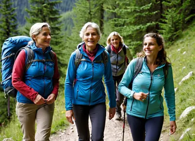 full-length view, 3 women, The picture shows Hungarian women, similar relatives, (a 40-year-old mother), (a 65-year-old grandmother), (an 18-year-old young woman), hiking, smiling, wearing hiking clothes.
