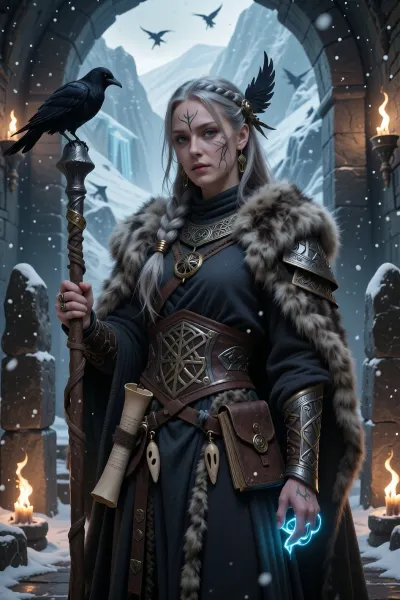 A female norse cleric devoted to an ancient god of wisdom, prophecy, and sacrifice, standing within a torchlit stone temple carved into a frozen mountain.

She has pale skin, long ash-blonde hair braided with raven feathers and bronze rings, and calm grey eyes filled with ancient knowledge. One side of her face bears ritual tattoo markings resembling runes and branching roots.

She wears layered dark wool robes beneath heavy fur-lined ceremonial armor engraved with intricate knotwork and faded runic symbols. Scrolls, carved bone charms, and small leather-bound books hang from her belt.

In one hand she carries a rune-carved staff crowned with black iron ravens. The other hand glows with pale blue magical sigils.

Ancient standing stones and flickering braziers surround her while snow drifts through the ruined temple entrance. Ravens gather silently overhead.

Cinematic nordic fantasy illustration, mystical atmosphere, realistic textures, cold firelight, atmospheric snow, painterly realism, highly detailed