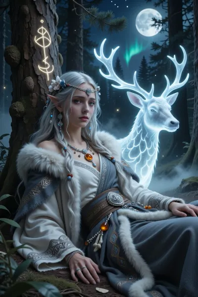 A serene female druid inspired by ancient nordic forest spirits and sacred dream rituals, resting beside a glowing spectral elk within a moonlit woodland clearing.

She has long pale hair woven with flowers, beads, and silver charms, soft blue-grey eyes, and a peaceful expression touched by quiet sadness.

She wears layered white and grey furs, embroidered wool robes, and delicate jewelry carved from amber and bone.

Soft magical light radiates from glowing runes carved into nearby trees while mist drifts gently across the forest floor.

The northern lights shimmer faintly through ancient pine branches overhead.

Atmospheric nordic fantasy illustration, dreamlike moonlight, mystical forest realism, painterly textures, calming spiritual atmosphere, highly detailed