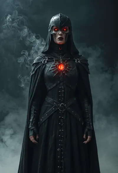 Female dark lord in massive black cybernetic armor, burned and scarred fallen warrior queen, black cape, sleek Sith-style helmet, red glowing eyes, gothic sci-fi aesthetic, tragic and terrifying presence, cinematic lighting, smoke, ultra detailed, realistic fantasy sci-fi art