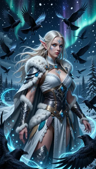 A graceful female ranger surrounded by spectral northern birds and glowing magical spirits beneath aurora-lit skies.

She has long pale blonde hair flowing through icy winds, luminous blue eyes, and delicate rune markings glowing faintly across her skin.

She wears layered white and silver furs, elegant leather armor, and flowing cloaks decorated with feather patterns and celestial nordic symbols.

A swirling flock of spectral ravens and falcons circles protectively around her while magical snow particles drift through the night air.

Frozen forests and glowing northern skies stretch endlessly behind her.

Cinematic nordic fantasy illustration, ethereal atmosphere, atmospheric snow and aurora lighting, mystical realism, painterly textures, highly detailed