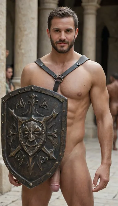 (masterpiece, best quality:1.2), photorealism, beautiful serbian men all naked, normal penis, 21 cm, 30 years old, short brown hair with black, beard, (descent makeup), (tanned skin:1.2), in collosseum, gladiator, holding shield and sword, descent smile, realistic hands