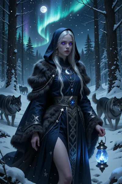 A mysterious female twilight cleric wandering through an arctic forest beneath the northern lights.

She has pale skin, long white-blonde hair, and luminous violet-blue eyes reflecting the aurora overhead. Her presence feels calm, eerie, and deeply supernatural.

She wears layered dark furs and flowing midnight-blue ceremonial robes embroidered with silver stars and ancient nordic symbols. Thin chains of silver moon charms hang from her hood and shoulders.

A magical lantern of cold blue flame floats beside her while spectral wolves move silently through the trees around her.

The forest is buried beneath deep snow and illuminated only by moonlight and shimmering aurora across the sky.

Atmospheric nordic fantasy illustration, twilight lighting, mystical realism, cinematic snow landscape, painterly fantasy art, highly detailed