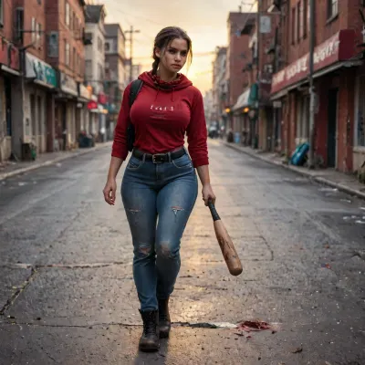 1 girl, A lone survivor girl is walking down a street holding one baseball bat with one hand, destroyed city and lots of waste and rubbish, post-apocalyptic wasteland background, sunset, large black military backpack, black military boots, long blue jeans, red sweater hoodie, black belt, red scarf around her neck, braided ponytail, dirty clothes, bloody baseball bat, no headwear, tense look, observing the area, frontview, dirty body, dirty face, scars, scratches, beautiful face, Voluptuous, thick thighs, huge bulging ass, tanned skin, beautiful hair, oily skin, sweaty skin, wet skin, detailed hands, dark, <lora:polyhedron_photostudio-000005:.8>, <lora:192af1bb3d75bab622d76a8c8cf0a0b9:.8>, <lora:bombshell_v2:.8>, <lora:LCMTurboMix_Euler_A_fix:.8>