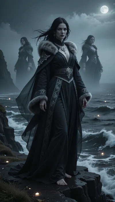 A beautiful but unsettling female illusionist standing upon dark coastal cliffs during a freezing northern fog.

She has long black hair moving unnaturally in the wind, pale skin almost glowing in darkness, and silver eyes filled with hidden amusement and dangerous intelligence.

She wears elegant dark nordic robes layered with flowing veils, silver jewelry, and fur-lined cloaks embroidered with subtle illusion runes.

Ghostly duplicate versions of herself emerge faintly through sea mist while phantom lights drift across crashing black ocean waves behind her.

The atmosphere feels mysterious, seductive, and deeply supernatural.

Dark cinematic nordic fantasy illustration, atmospheric fog and moonlight, realistic textures, mystical illusion aesthetic, painterly realism