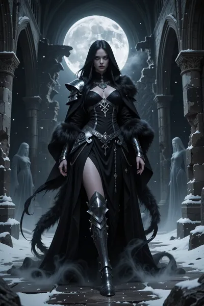 A beautiful but terrifying female warlock serving a mysterious veiled goddess of shadow and winter, standing alone within a ruined northern cathedral lit only by moonlight.

She has flowing black hair, pale skin almost glowing in darkness, and silver eyes filled with predatory calm.

She wears elegant black ceremonial robes layered with silver armor details, flowing veils, dark fur, and intricate rune jewelry.

Shadowy tendrils and cold mist coil around her feet while distant ghostly feminine figures watch silently from the darkness behind ruined pillars.

Moonlight pours through shattered gothic arches onto snow-covered stone floors.

Dark cinematic nordic fantasy illustration, gothic atmosphere, realistic fabrics and metal textures, haunting moonlight, painterly realism, highly detailed