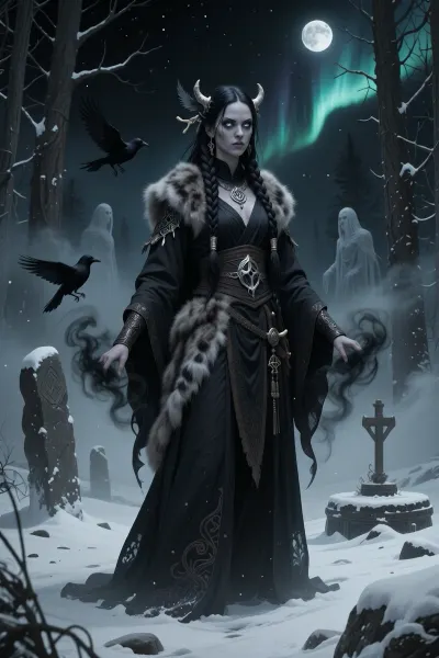 A dark female sorcerer inspired by ancient seiðr magic and forbidden nordic prophecy, standing alone within a frozen forest beneath a black aurora sky.

She has long black braided hair decorated with bones and raven feathers, pale skin touched by deathly cold, and luminous grey eyes filled with unnatural wisdom.

She wears layered dark ceremonial robes, weathered furs, and silver rune jewelry associated with death and fate. Shadows gather unnaturally around her body.

Black magical mist drifts from her hands while ghostly ravens and spectral figures emerge faintly through the surrounding fog.

Ancient standing stones and sacrificial altars lie half-buried beneath deep snow.

Dark nordic fantasy illustration, cinematic moonlight, atmospheric fog, eldritch realism, haunting magical atmosphere, painterly textures