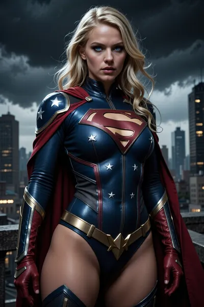 Female Homelander, blonde superhuman tyrant in patriotic superhero suit and cape, glowing blue eyes, goddess-like narcissistic presence, cinematic realism, dark superhero aesthetic, stormy skyline, ultra detailed