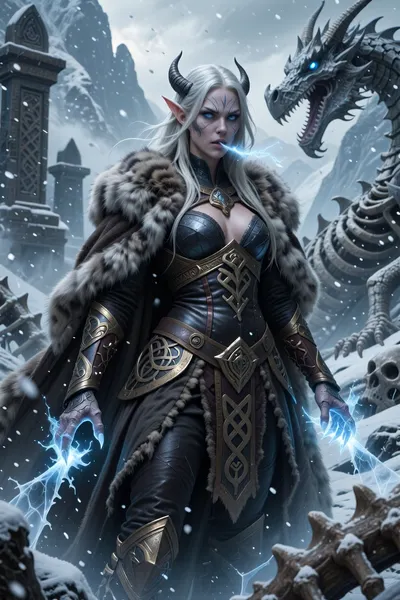 A fierce female sorcerer descended from ancient frost dragons, standing within a frozen mountain pass surrounded by dragon bones and blizzard winds.

She has long platinum-blonde hair, piercing icy blue eyes, and pale skin marked with faint draconic scales shimmering beneath the cold light.

She wears heavy fur cloaks layered over dark leather and bronze armor engraved with dragon knotwork and ancient runes.

Cold breath escapes her lips as frost magic gathers around her claws and spreads across the frozen ground beneath her feet.

Massive dragon skeletons and ancient nordic ruins disappear into snowstorms behind her.

Epic nordic fantasy illustration, cinematic blizzard atmosphere, realistic textures, draconic magic effects, mythological realism, painterly fantasy art