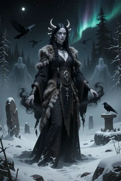 A dark female sorcerer inspired by ancient seiðr magic and forbidden nordic prophecy, standing alone within a frozen forest beneath a black aurora sky.

She has long black braided hair decorated with bones and raven feathers, pale skin touched by deathly cold, and luminous grey eyes filled with unnatural wisdom.

She wears layered dark ceremonial robes, weathered furs, and silver rune jewelry associated with death and fate. Shadows gather unnaturally around her body.

Black magical mist drifts from her hands while ghostly ravens and spectral figures emerge faintly through the surrounding fog.

Ancient standing stones and sacrificial altars lie half-buried beneath deep snow.

Dark nordic fantasy illustration, cinematic moonlight, atmospheric fog, eldritch realism, haunting magical atmosphere, painterly textures