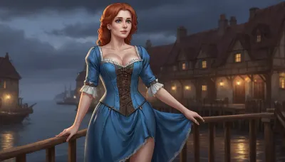 (one woman, Mirabelle Monet, french, mature 40 year old, ginger hair, small breasts, chubby), (outside medieval small seaside inn by the docks, dark rainy evening), (wearing sky blue dress with brown laced bodice corset), (hands on hips), blue atmosphere, fantasy art, dark scene, artwork, digital painting, concept art, flat colors, <lora:LegendDarkFantasy-000001:.5>, <lora:SumTim:.1>