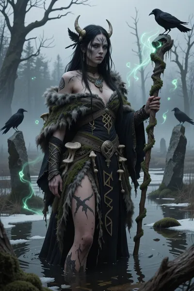 A dark female druid inspired by norse seiðr magic and ancient death rituals, standing within a frozen marshland filled with rotting trees and drifting spirits.

She has long black hair decorated with bones and raven feathers, pale skin marked by ritual scars, and unsettling grey eyes filled with forbidden wisdom.

She wears layered decayed furs, moss-covered cloaks, and dark ceremonial robes stitched with faded runes. Strange fungal growths spread slowly across her staff and clothing.

Green ghostly spores drift through the cold fog around her while ravens gather among dead trees and broken standing stones.

The atmosphere feels ancient, eerie, and deeply supernatural.

Dark nordic fantasy illustration, cinematic fog, grim mystical atmosphere, realistic decay textures, eldritch wilderness aesthetic, painterly realism