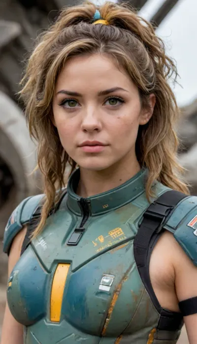 20 years old woman in front of her wrecked spaceship, full body view, her old spacesuite is in tatters and dirty, she stands, body is athletic short and have a sexy chubby look with firm tits, perfect curves, detailed gorgeous face, messy hair, wet body, ((submissive)), ((lovely)), (((wild hair with sidelocks))), (((full body view))), (((high detailed legs))), (((high detailed fingers))), ((very much want have sex)), (love juice:1.4), ((high detailed pores on skin)), well-build body, medium tits, small lips, lots of freckles face and skin, blush on the checks and nose, (raised nasal tip, upturned button nose, upturned nose, delicate nose, nose), hypnotized loving yellow brown eyes, anime style, key visual, intricate detail, highly detailed, breathtaking, vibrant, panoramic, cinematic, Carne Griffiths, Conrad Roset, ghibli, wearing blue uniform, green, eyes, blue, brown, perfecteyes, <lora:PerfectEyesXL:.8>, with, a, army, suit, and, helmet, <lora:StarshipTroopers1024:.8>