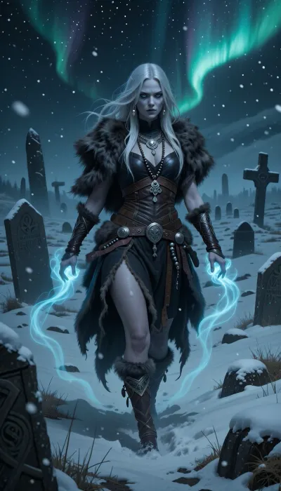 A haunting female rogue inspired by ancient nordic death rites and restless spirits, walking through a field of snow-covered burial mounds beneath the northern lights.

She has long silver-white hair, pale frostbitten skin, and hollow blue-grey eyes touched by death and memory.

She wears layered dark furs, weathered leather armor, funeral beads, and silver charms associated with ancient burial rituals.

Ghostly spectral figures drift silently around her while pale blue spiritual mist coils from her hands and footsteps.

Ancient standing stones and ruined grave markers emerge faintly through snow and fog.

Dark nordic fantasy illustration, cinematic aurora lighting, atmospheric snowfall, spiritual realism, haunting atmosphere, painterly textures