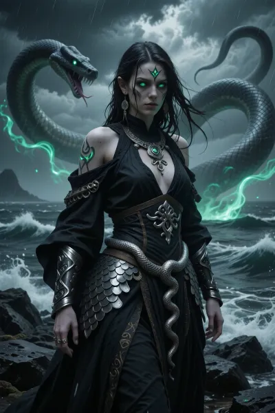 A terrifying female sorcerer touched by the power of an ancient world serpent sleeping beneath the northern seas, standing on black coastal rocks during a violent storm.

She has dark wet hair blowing across pale skin marked with glowing serpent-like rune patterns. Her emerald eyes glow unnaturally in the darkness.

She wears layered black ceremonial robes, scaled armor fragments, and heavy silver jewelry shaped like intertwined serpents and ancient sea symbols.

Massive spectral serpent shapes coil through storm clouds and ocean mist behind her while green magical energy ripples across the crashing waves.

The atmosphere feels ancient, cosmic, and deeply ominous.

Dark nordic fantasy illustration, cinematic storm lighting, eldritch sea atmosphere, realistic textures, mythological horror aesthetic, painterly realism