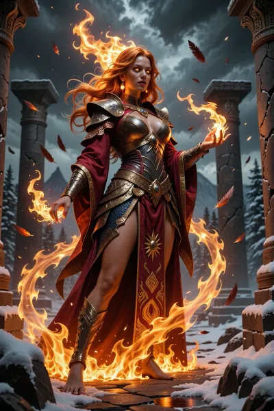 A radiant female sorcerer carrying divine fire from ancient realms of flame, standing within a burning northern temple beneath smoke-filled skies.

She has flowing golden-red hair glowing like embers, luminous amber eyes, and warm bronze-toned skin illuminated by sacred firelight.

She wears elegant nordic ceremonial robes layered with bronze armor and flowing red-and-gold fabrics embroidered with solar and flame motifs.

Divine fire spirals gracefully around her hands while burning feathers drift through the air like phoenix ash.

Ancient stone pillars crack beneath waves of magical heat while snow melts instantly around her feet.

Cinematic nordic fantasy illustration, dramatic firelight, atmospheric smoke and embers, mythological realism, painterly textures, highly detailed