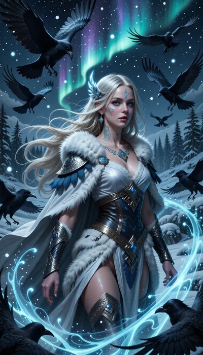 A graceful female ranger surrounded by spectral northern birds and glowing magical spirits beneath aurora-lit skies.

She has long pale blonde hair flowing through icy winds, luminous blue eyes, and delicate rune markings glowing faintly across her skin.

She wears layered white and silver furs, elegant leather armor, and flowing cloaks decorated with feather patterns and celestial nordic symbols.

A swirling flock of spectral ravens and falcons circles protectively around her while magical snow particles drift through the night air.

Frozen forests and glowing northern skies stretch endlessly behind her.

Cinematic nordic fantasy illustration, ethereal atmosphere, atmospheric snow and aurora lighting, mystical realism, painterly textures, highly detailed